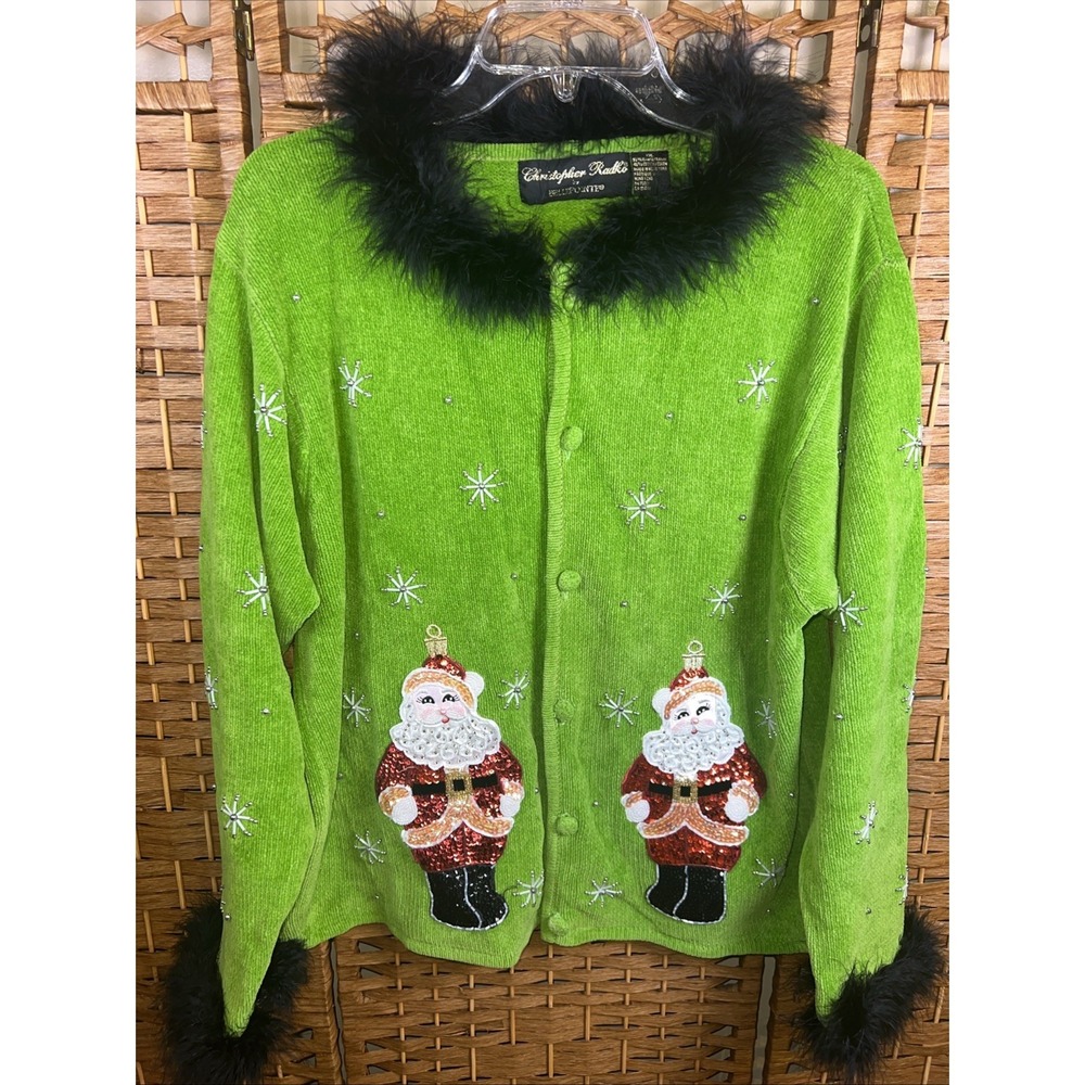 Christopher Radko Y2K Santa Green Cardigan SZ 2XL Fur Collar Sleeve Embroidered